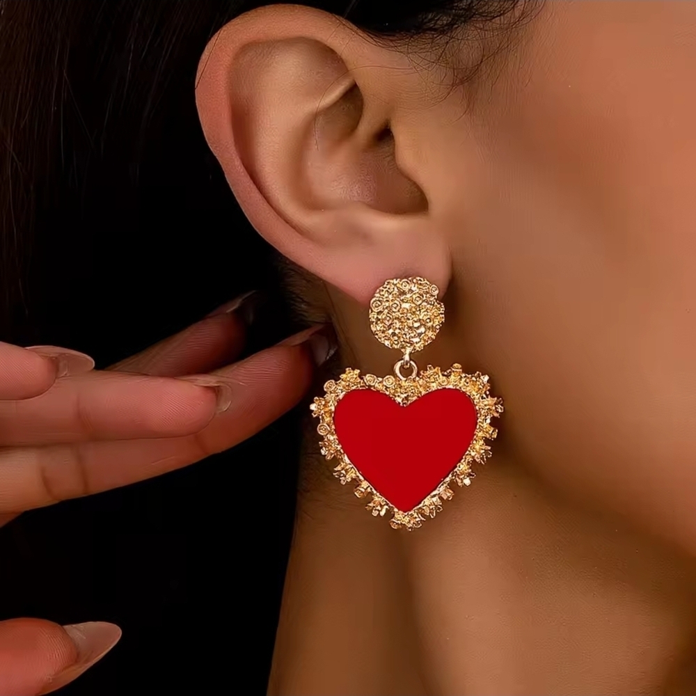 Gold and Red Heart Earrings - Picture 3 of 5